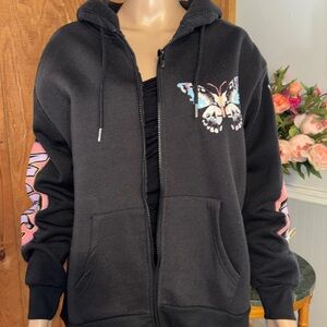 Black Zip-Up Hoodie with Pastel Butterfly Graphic